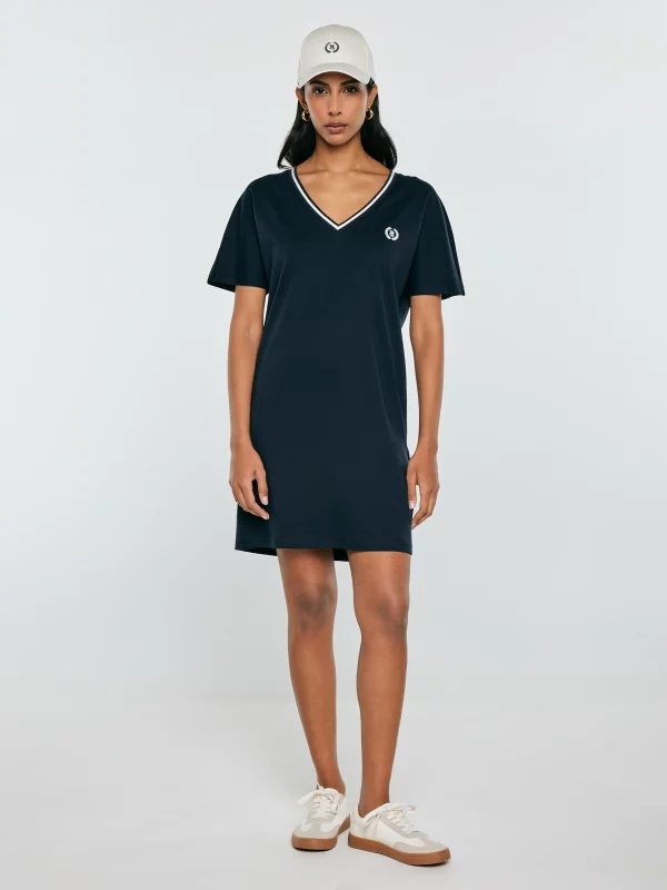 Sukienka damska dzianinowa z niewielkim haftem granatowa Zorkana 403