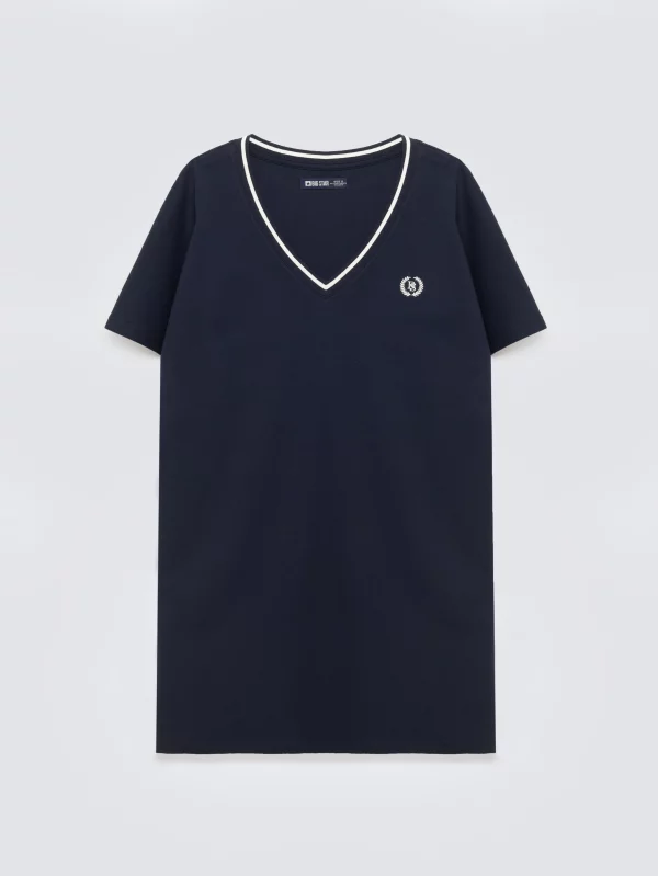 Sukienka damska dzianinowa z niewielkim haftem granatowa Zorkana 403