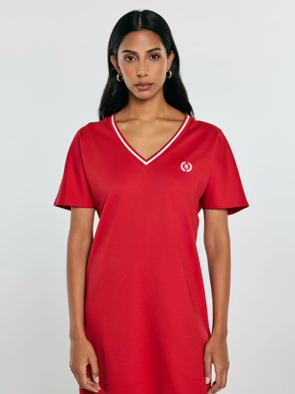 Sukienka damska dzianinowa z niewielkim haftem czerwona Zorkana 603