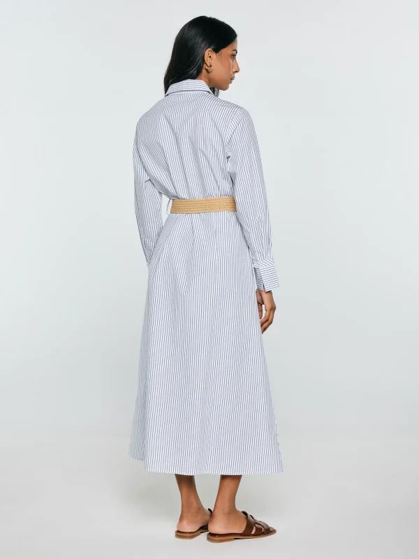 Sukienka damska midi koszulowa w paski jasnoniebieska Merinsa 400