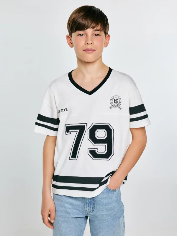 Koszulka chłopięca z nadrukiem w stylu college biała Kiker 100