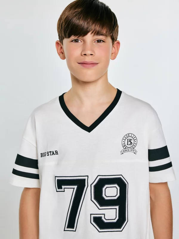 Koszulka chłopięca z nadrukiem w stylu college biała Kiker 100