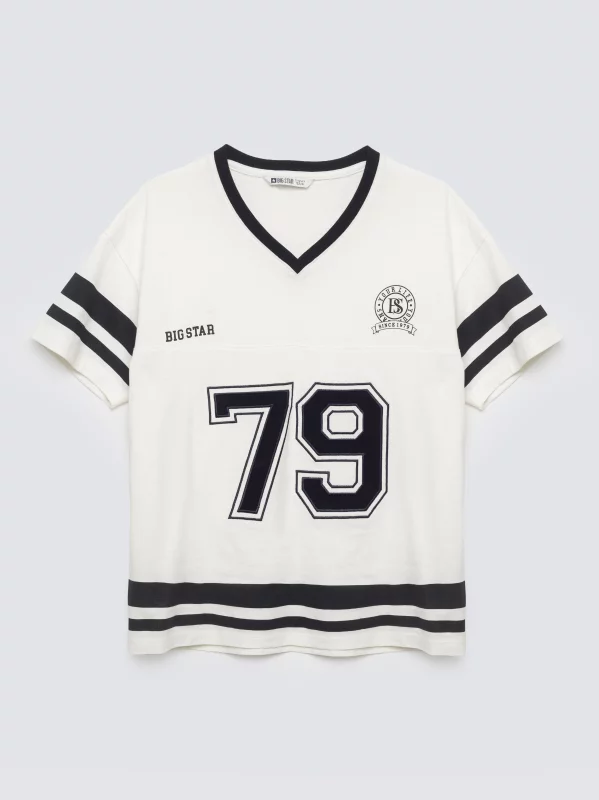 Koszulka chłopięca z nadrukiem w stylu college biała Kiker 100