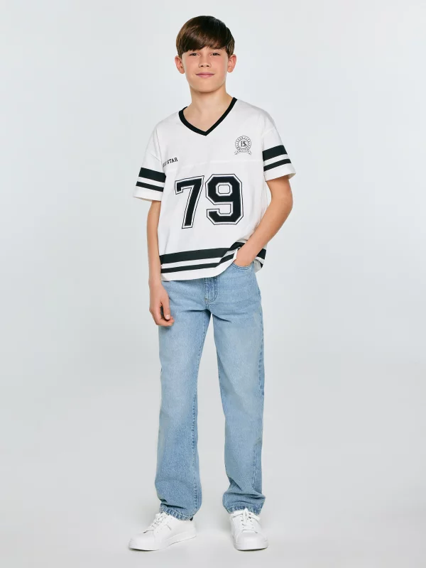 Koszulka chłopięca z nadrukiem w stylu college biała Kiker 100
