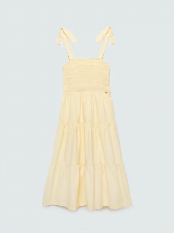 Sukienka damska midi na ramiączkach w drobne paseczki jasnożółta Gopisi 200