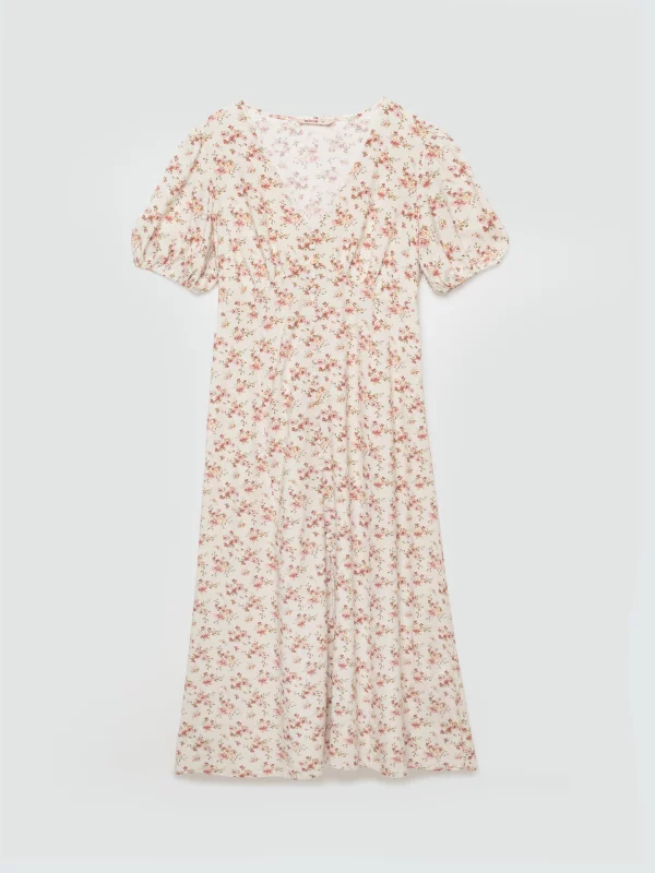 Sukienka damska midi z wiskozy w kwiatowy wzór perłowa Pala 103