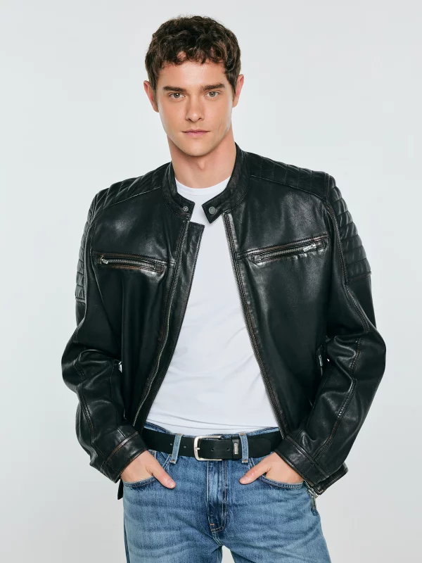 Kurtka męska biker skórzana czarna Hideo 906