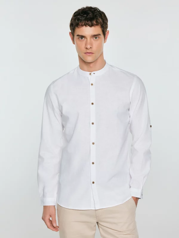 Lniana koszula męska ze stójką biała Janeiso 101