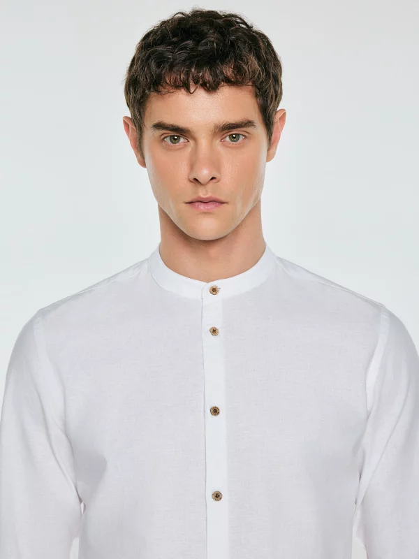 Lniana koszula męska ze stójką biała Janeiso 101