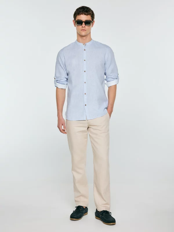 Lniana koszula męska ze stójką błękitna Janeiso 400