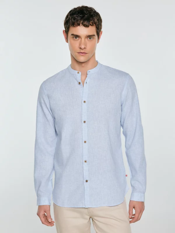 Lniana koszula męska ze stójką błękitna Janeiso 400