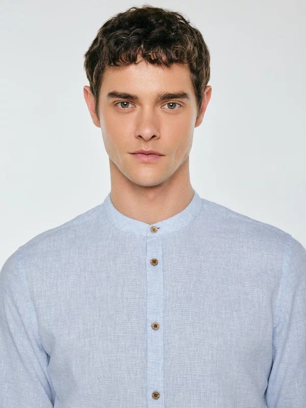 Lniana koszula męska ze stójką błękitna Janeiso 400