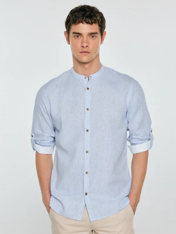 Lniana koszula męska ze stójką błękitna Janeiso 400