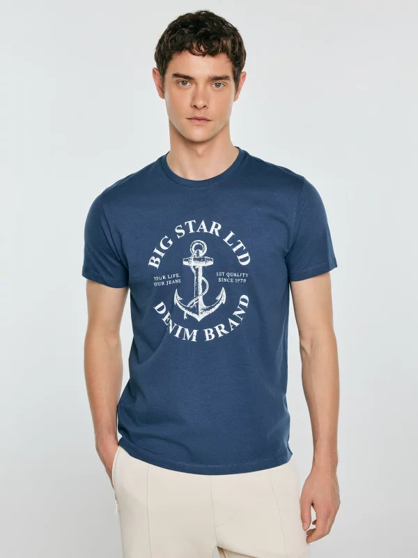 Koszulka męska z kontrastowym nadrukiem ciemnoniebieska Kartes 402