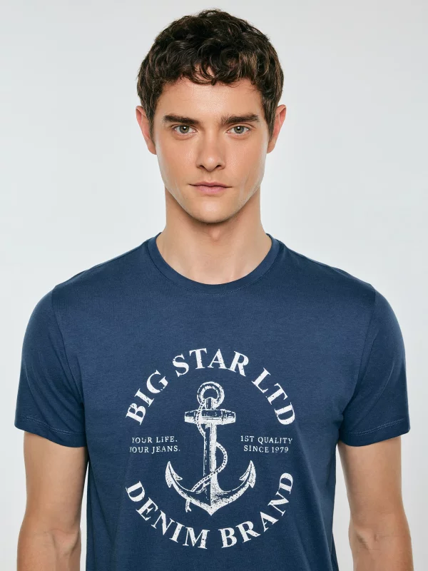 Koszulka męska z kontrastowym nadrukiem ciemnoniebieska Kartes 402