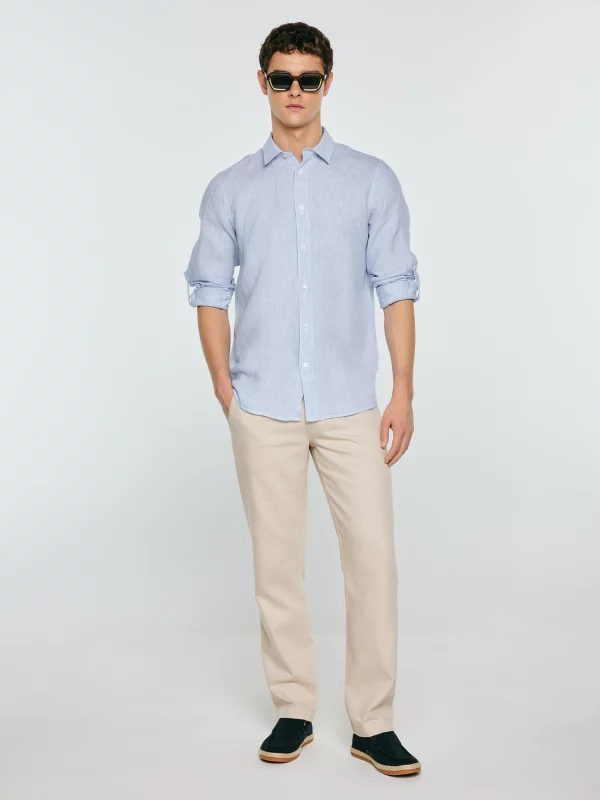 Lniana koszula męska w prążek jasnoniebieska Malekiws 400