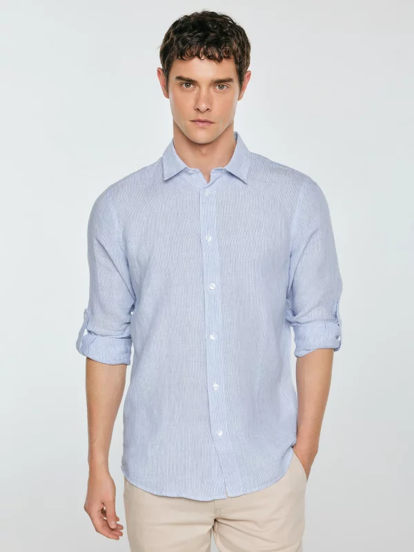 Lniana koszula męska w prążek jasnoniebieska Malekiws 400