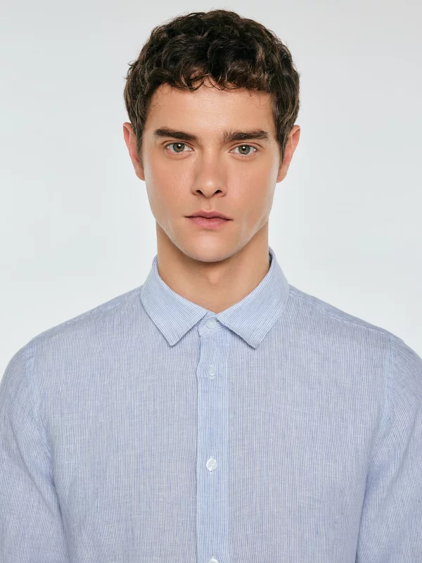 Lniana koszula męska w prążek jasnoniebieska Malekiws 400