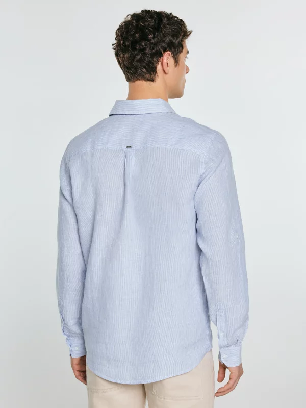 Lniana koszula męska w prążek jasnoniebieska Malekiws 400