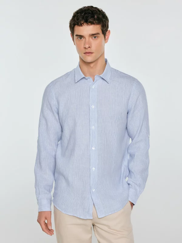 Lniana koszula męska w prążek jasnoniebieska Malekiws 400