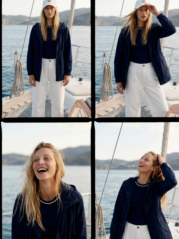 Kurtka damska przeciwdeszczowa z regulacją w talii z kapturem granatowa Lisa 403