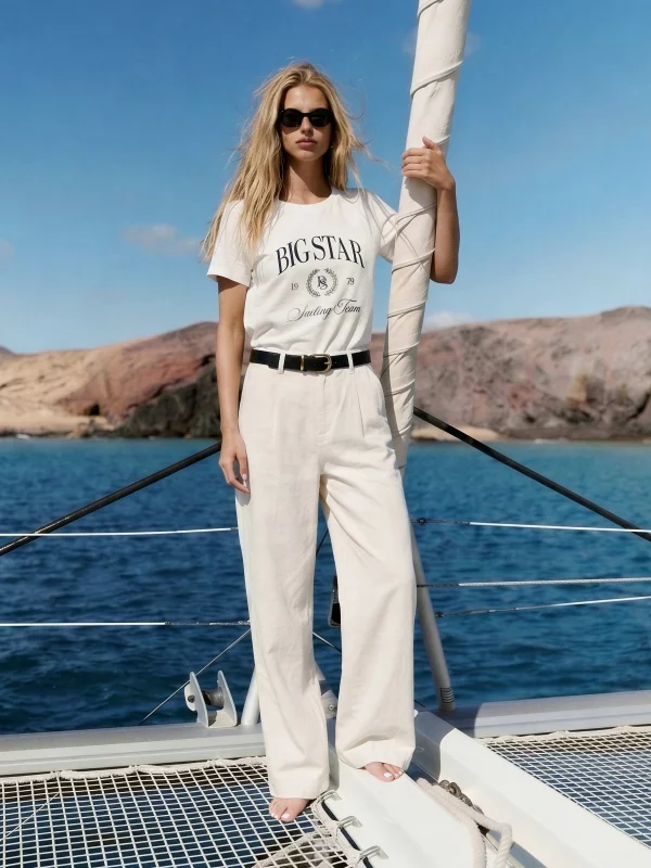 Spodnie damskie wide z domieszką lnu białe Malusi 100