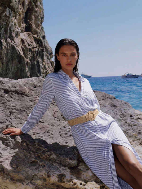 Sukienka damska midi koszulowa jasnoniebieska Merinsa 400