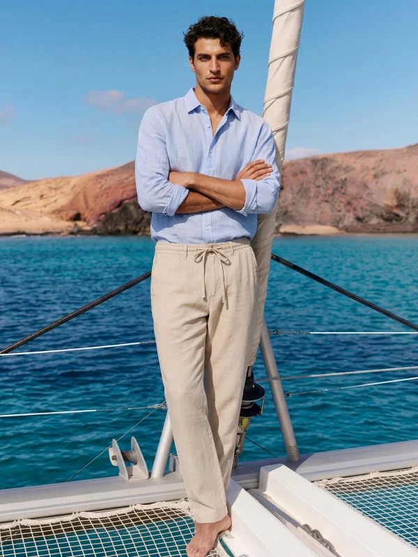 Spodnie męskie lniane perłowe Cabres 103