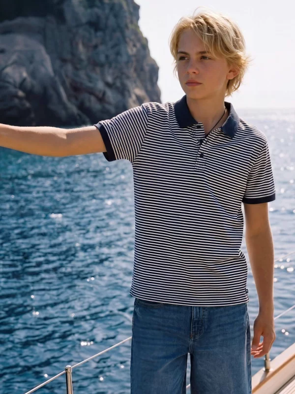 Koszulka chłopięca polo w paski granatowa Fiker 403