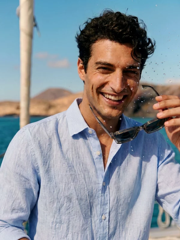 Lniana koszula męska w prążek jasnoniebieska Malekiws 400