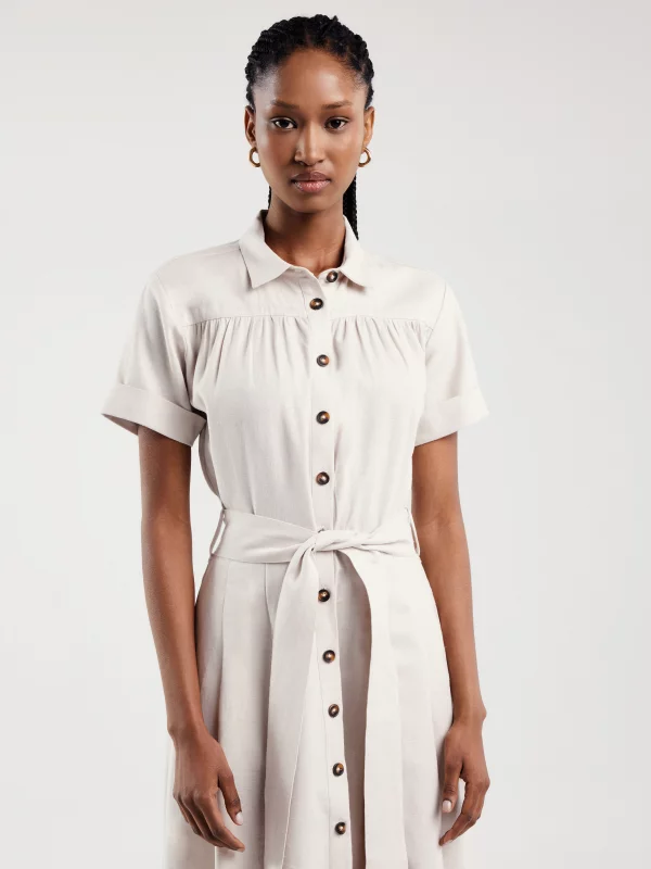 Sukienka damska midi lniana z wiązaniem w pasie beżowa Okire 800