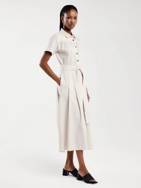 Sukienka damska midi lniana z wiązaniem w pasie beżowa Okire 800