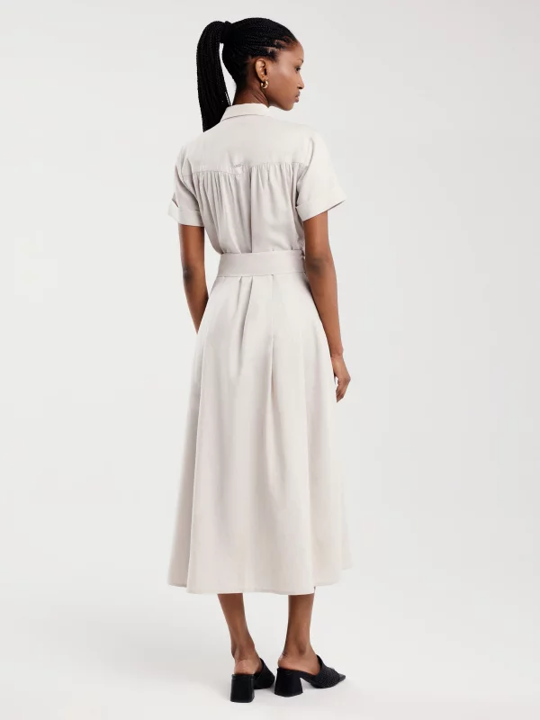 Sukienka damska midi lniana z wiązaniem w pasie beżowa Okire 800