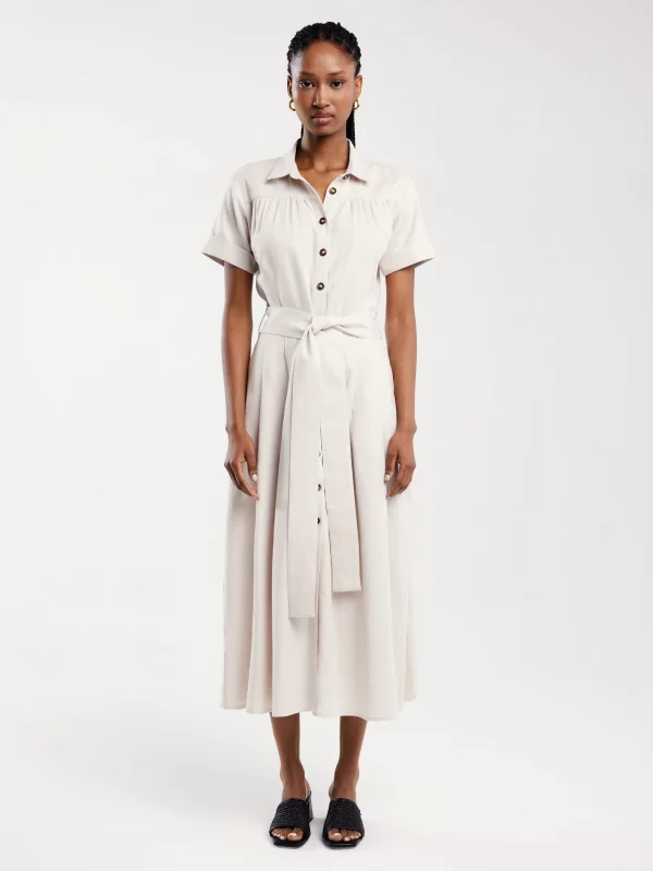 Sukienka damska midi lniana z wiązaniem w pasie beżowa Okire 800