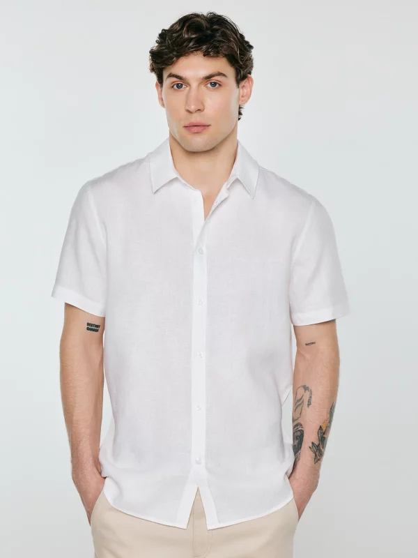 Lniana koszula męska z krótkim rękawem biała Linerso 101