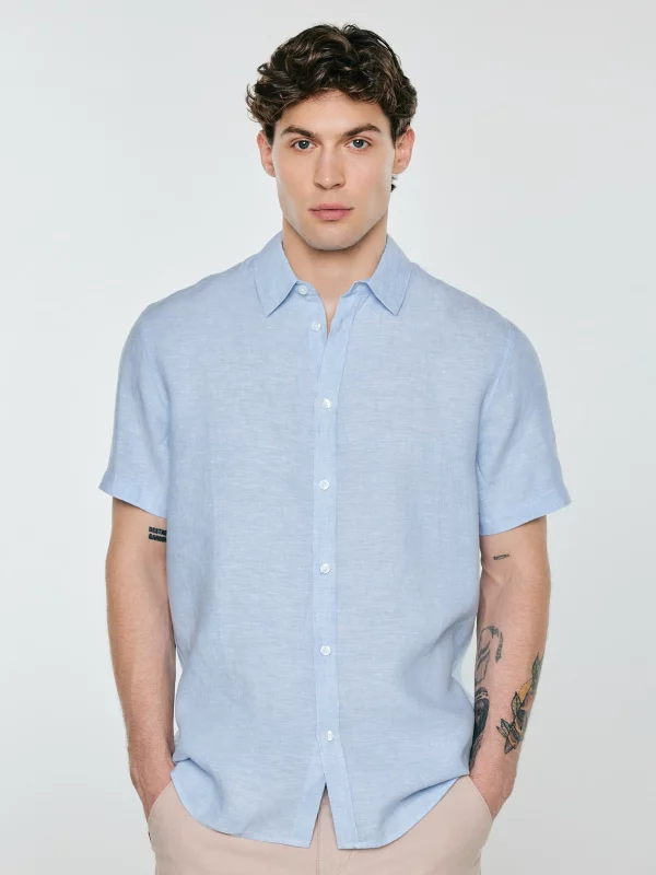 Lniana koszula męska z krótkim rękawem błękitna Linerso 400