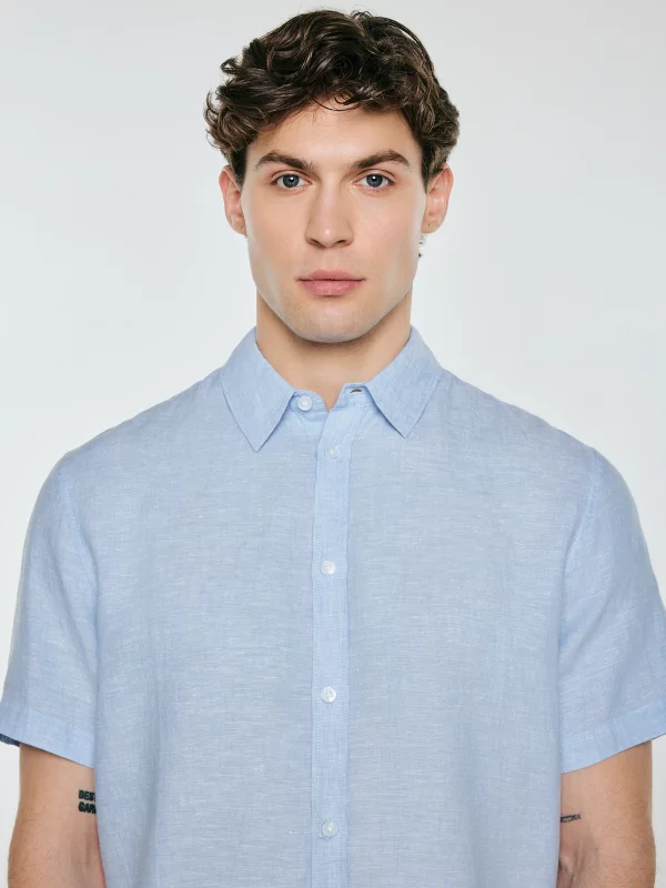 Lniana koszula męska z krótkim rękawem błękitna Linerso 400