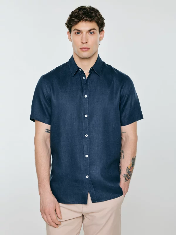 Lniana koszula męska z krótkim rękawem granatowa Linerso 403