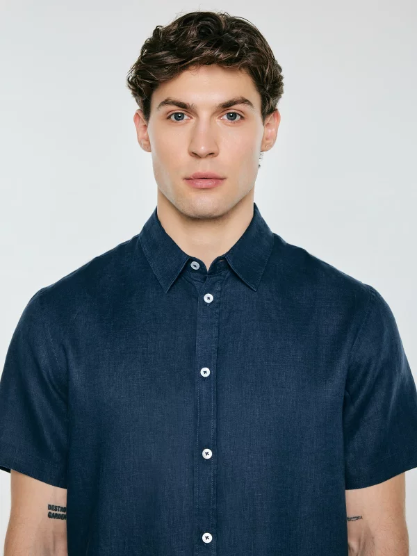 Lniana koszula męska z krótkim rękawem granatowa Linerso 403