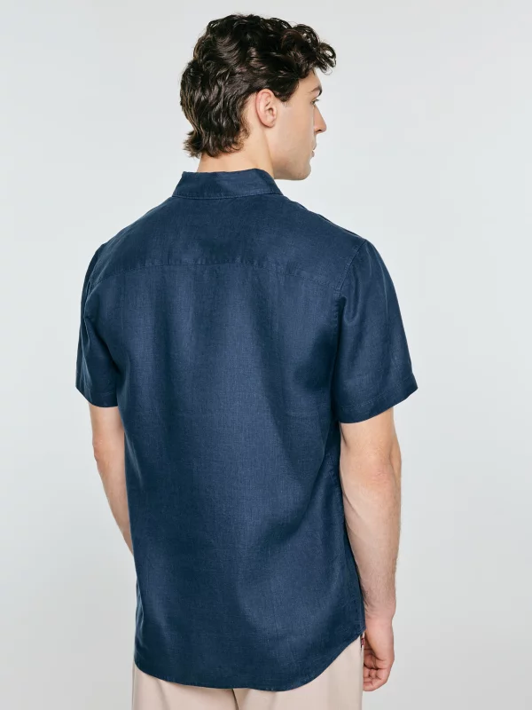 Lniana koszula męska z krótkim rękawem granatowa Linerso 403