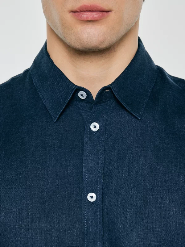 Lniana koszula męska z krótkim rękawem granatowa Linerso 403