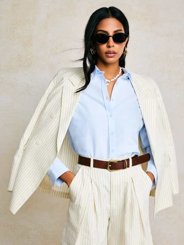 Marynarka damska lniana w prążek kremowa Kinnia 102