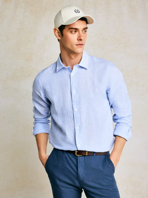 Lniana koszula męska w prążek jasnoniebieska Malekiws 400