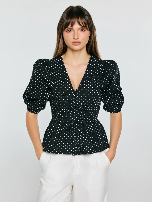 Bluzka damska z baskinką w kropki czarna Sori 906