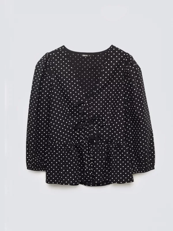 Bluzka damska z baskinką w kropki czarna Sori 906