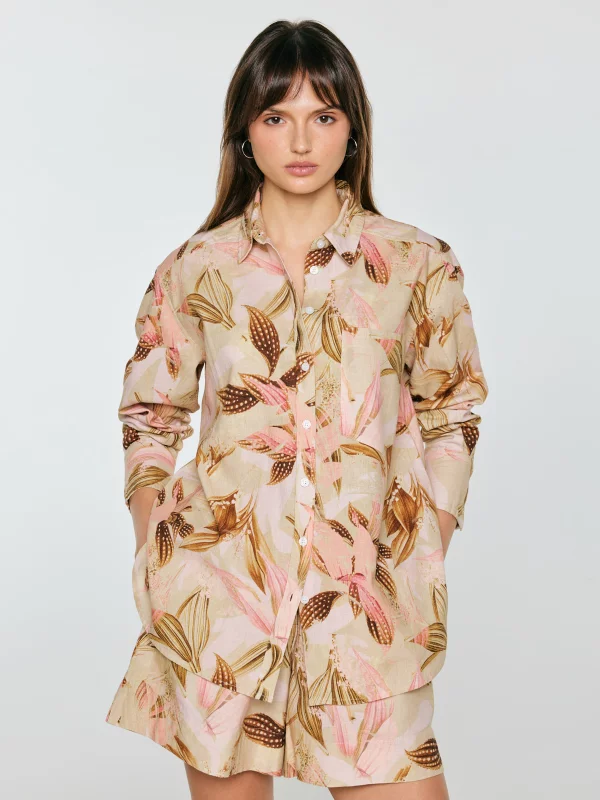 Koszula damska lniana w roślinny wzór wielokolorowa Kelliri 000