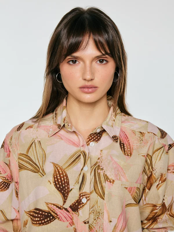 Koszula damska lniana w roślinny wzór wielokolorowa Kelliri 000