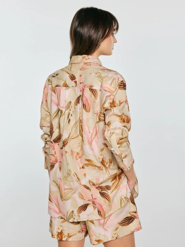 Koszula damska lniana w roślinny wzór wielokolorowa Kelliri 000