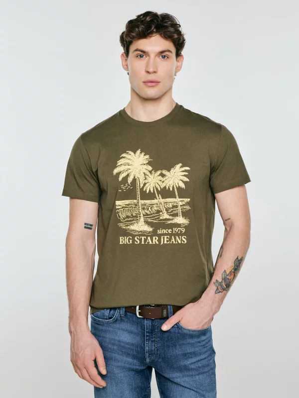 Koszulka męska z kontrastowym nadrukiem khaki Omer 303