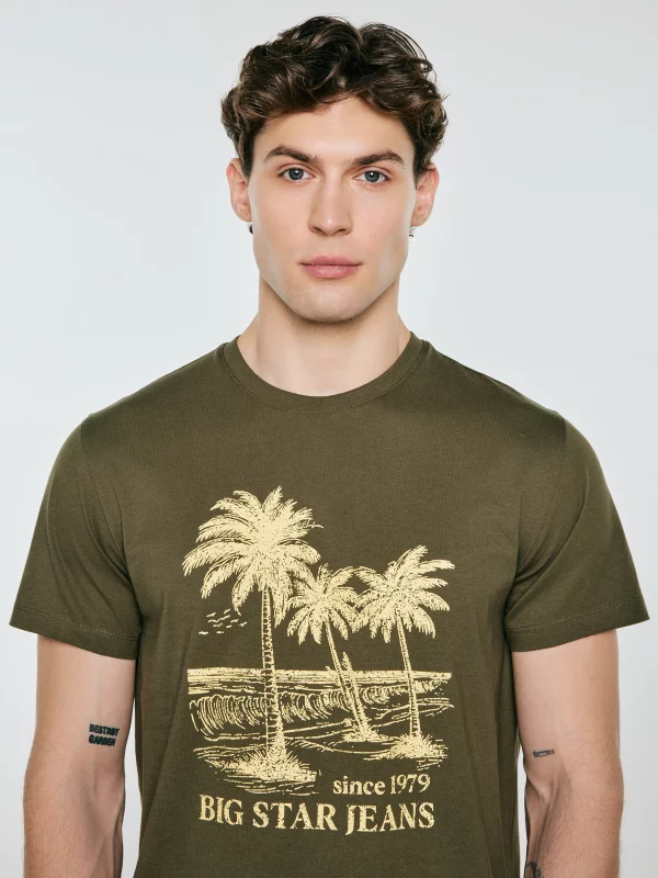 Koszulka męska z kontrastowym nadrukiem khaki Omer 303